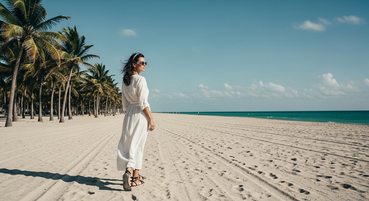 A quiet stretch of South Beach with turquoise water and palm trees under a bright summer sky, no crowds.